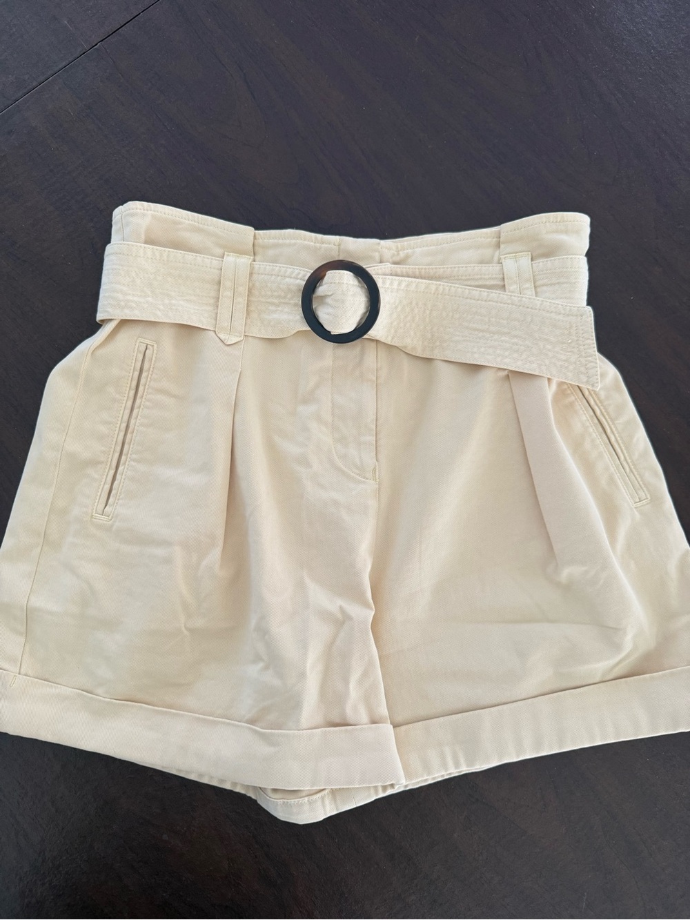 Sezane High-Waist Cream Belted Shorts